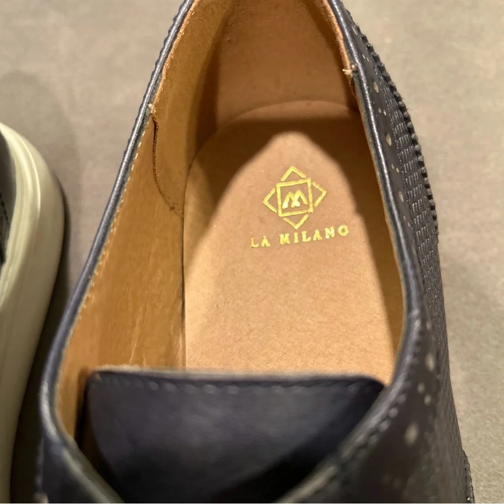 LA Milano Palmer Men’s Leather Navy Wingtip Oxfords Lace Dress Shoe Sz 10 1/2